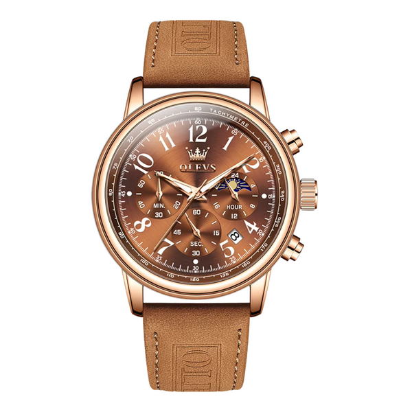 OLEVS 2912 Men's Watches Brown Leather Strap Multifunctional Chronograph Moon phase Waterproof Fashion Leisure Watch for Men NEW