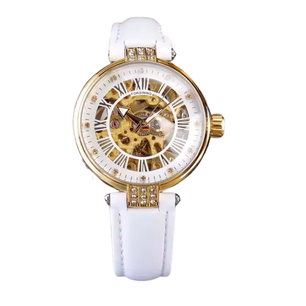 Forsining White Gold Mechanical Automatic Luxury Top Brand Lady Wrist Watch Skeleton Clock Women Leather Dress Age Girl Watches