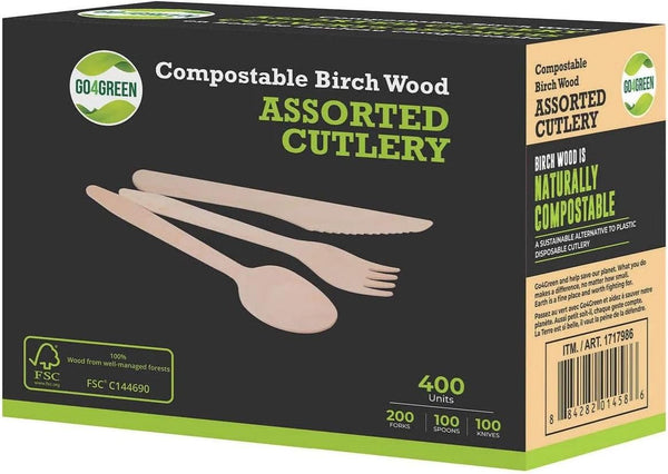 Eco-Friendly Birch Wood Cutlery Set – 400-Piece Assortment with Forks, Spoons, and Knives – Disposable Utensils for Parties, Events, Camping, and Takeout