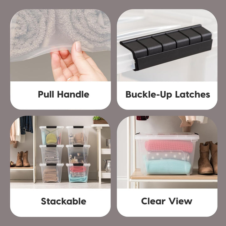 Clear Stackable Plastic Storage Bins with Latching Lids and Handles, 12.2L Each, Pack of 6 – Organizing Boxes for Home, Office, or Garage