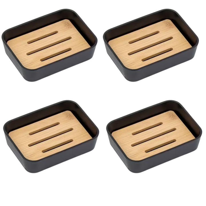 Plastic Soap Dish with Bamboo Insert – Durable Bathroom Soap Holder for Shower Sink and Countertops – Non Slip Drainage Design Keeps Soap Dry Black, 2