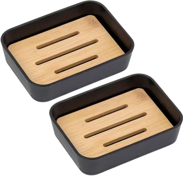 Plastic Soap Dish with Bamboo Insert – Durable Bathroom Soap Holder for Shower Sink and Countertops – Non Slip Drainage Design Keeps Soap Dry Black, 2