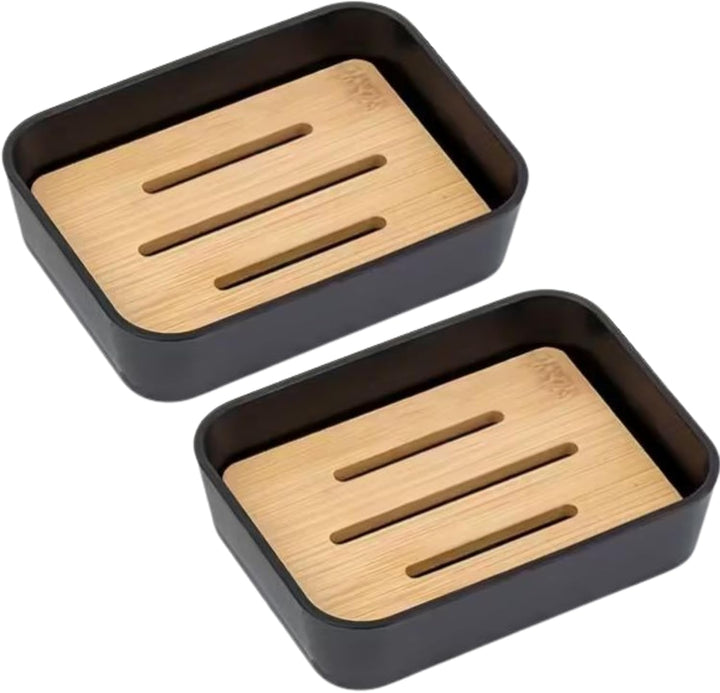 Plastic Soap Dish with Bamboo Insert – Durable Bathroom Soap Holder for Shower Sink and Countertops – Non Slip Drainage Design Keeps Soap Dry Black, 2