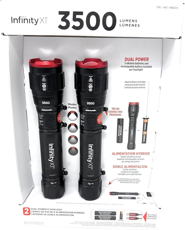 High Lumen Flashlight 2 Pack 3500 lumens Each USB Input Dual Power with Replaceable Cells Four Light Modes Aluminum Body for Outdoor use