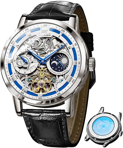 OLEVS Skeleton Watches for Mens Automatic Mechanical Self Winding Tourbillon Leather Strap