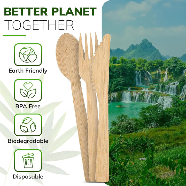 Eco-Friendly Birch Wood Cutlery Set – 400-Piece Assortment with Forks, Spoons, and Knives – Disposable Utensils for Parties, Events, Camping, and Takeout